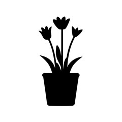 Black silhouette of three flowers in a pot against white backdrop