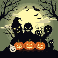 Spooky Halloween night with glowing jack-o'-lanterns and silhouetted figures under a full moon