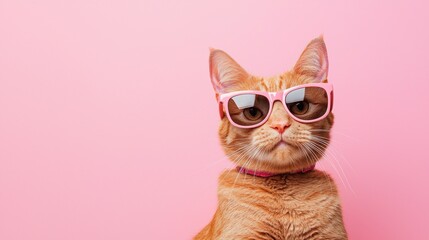 Cute ginger cat wearing stylish pink sunglasses against a pastel background, ideal for creative advertising, social media campaigns, and digital marketing designs