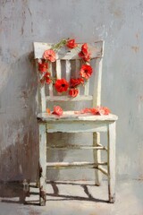 Rustic wooden chair with red poppies garland in vintage still life scene
