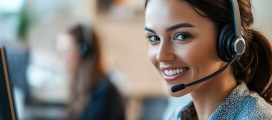 Smiling customer support specialist with headset in a modern call center, ideal for IT service presentations, customer care visuals, and digital marketing use