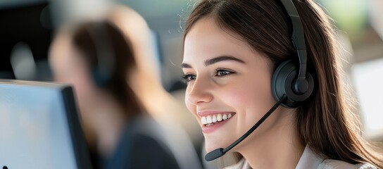 Smiling female customer support agent with headset working in a modern call center, ideal for IT service presentations, business websites, and digital marketing use