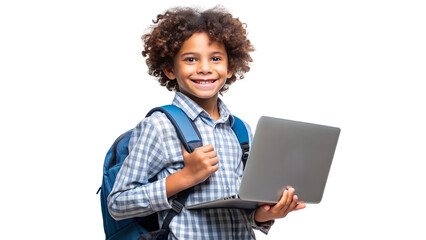 a smiling young boy with curly hair carrying