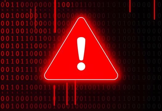 A glowing red warning sign with an exclamation mark over a digital binary code background.