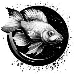 goldfish swimming through a cosmic background with splashes of and movement