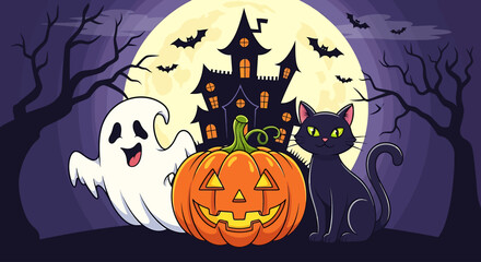 Fototapeta premium Spooky Halloween night with a playful ghost, grinning pumpkin, and mysterious black cat under a full moon.