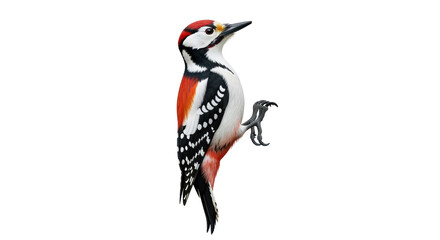 Isolated Great Spotted Woodpecker clinging with its claws, a colorful bird against sky