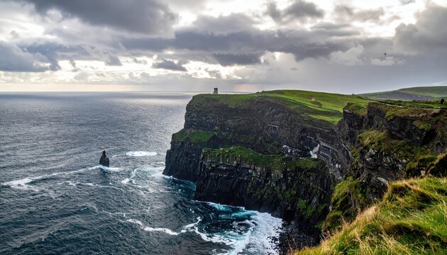 Dramatic seascape features towering cliffs meeting the wild ocean under a cloudy sky, showcasing a rugged coastline and vibrant green fields, illustrating the beauty of nature and its elements. - Powered by Adobe