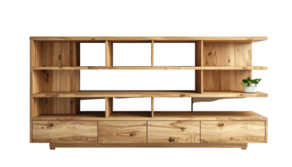 Elegant wooden bookshelf structure with a minimalist design featuring multiple open shelves, drawers, and a small plant on the top shelf.