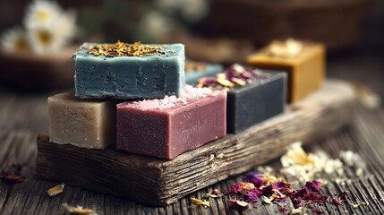 Colorful handcrafted soaps, adorned with flower petals and herbs, arranged on a rustic wooden surface, showcasing artisanal beauty and natural ingredients with a soft focus creating a calming...