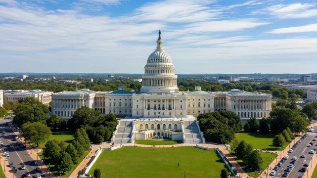 Aerial view of the united states capitol building in washington, dc with a clear blue sky in the background