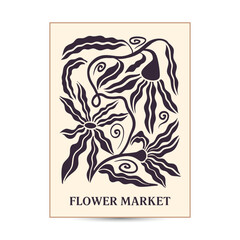 Trendy abstract poster design with groovy botanical illustration with nostalgic 70s vibe. Modern style flowers and wavy shapes good for a poster, cover or social media