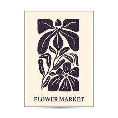 Trendy abstract poster design with groovy botanical illustration with nostalgic 70s vibe. Modern style flowers and wavy shapes good for a poster, cover or social media