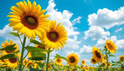 Obraz premium Vibrant sunflowers bask in the sunlight, their yellow petals contrasting against a bright blue sky.