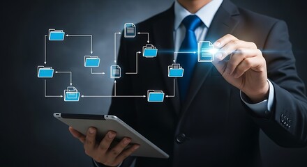 Businessman using digital interface to manage files and data flow