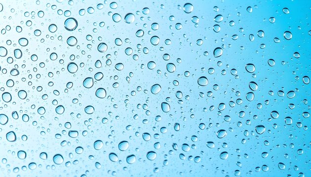 Abstract background of fresh water droplets condensed on a transparent light blue surface.