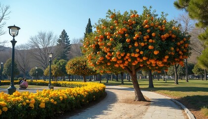Bitter orange trees with ripe fruit grow in sunny city park. Yellow flowers line paved path. People relax on grass. Winter landscape shows rich foliage, bare trees, street lights, distant mountains.