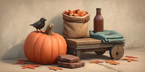 A Halloween candy cart displays colorful treats beside a pumpkin and autumn leaves, creating a festive atmosphere