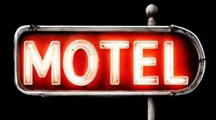 A worn neon sign flickers over an abandoned motel, casting a haunting glow in the dark night