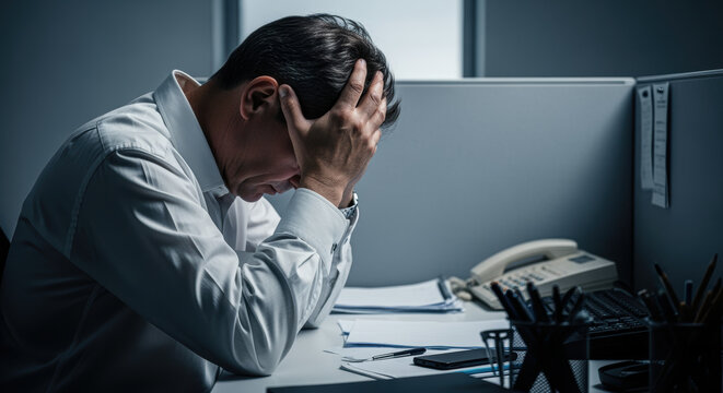 Frustrated businessman sitting at office desk late at night, holding head in hands surrounded by paperwork and digital devices