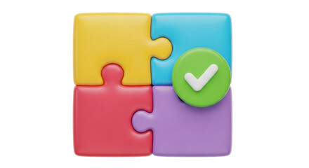 Isolated square-shaped puzzle pieces with a green check mark conveying successful completion