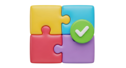 Isolated square-shaped puzzle pieces with a green check mark conveying successful completion