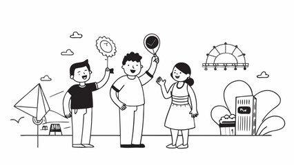 Three people at a park holding flower and check mark balloons with a ferris wheel in the background on transparent background silhouette