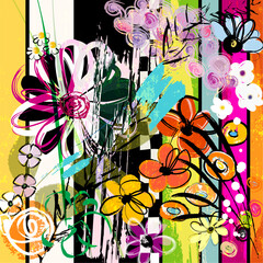 abstract background composition with flowers, with paint strokes, splashes and geometric lines, black and white