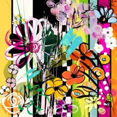 Fotobehang Abstract met Penseelstreken abstract background composition with flowers, with paint strokes, splashes and geometric lines, black and white  © Kirsten Hinte
