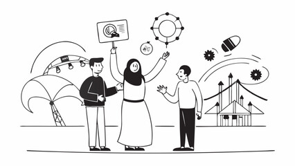 Three people stand discussing charts and graphs with buildings and a parachute in the background on transparent background silhouette