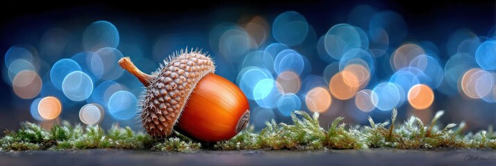 A solitary acorn falls softly onto lush green moss in a calm forest during twilight, creating a peaceful scene