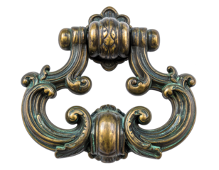 Detailed  photograph presents an ornate, aged bronze door knocker, featuring intricate scrolling designs and textured surfaces, all set against a solid black background for dramatic visual impact,...