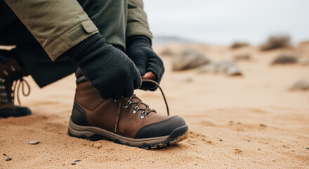 Naklejka premium Explorer tying sturdy hiking boots on sandy desert terrain, preparing for outdoor adventure and wilderness journey in cold weather
