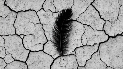 A solitary crow feather floats gently over a dry, cracked earth during the soft light of twilight