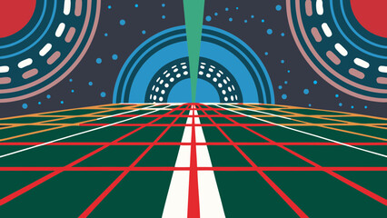 Fototapeta premium Retro futuristic grid landscape with tunnel and circles in a vibrant color palette design of space on transparent background silhouette