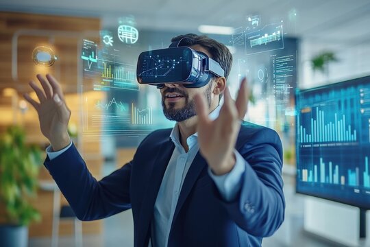 Business professional in VR headset, interacting with digital data overlays in a modern office