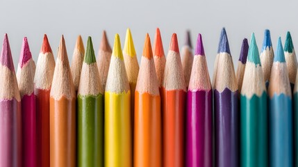 Fototapeta premium Rows of colored pencils are arranged in a line, displaying a spectrum of vivid colors from purple and pink through orange and yellow, ultimately progressing to teal and blue, showcasing the diverse...