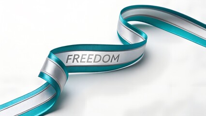 Teal and silver ribbon with freedom text isolated on white background