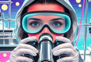 Woman in diver suit with bright mask peers through scuba gear in a vivid studio