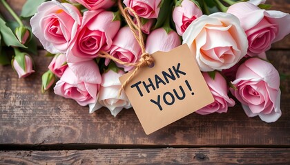 A bouquet of delicate pink roses with a "Thank You!" tag resting on a rustic wooden surface.