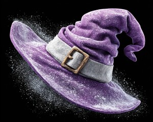 A mystical witch's hat swirls in a purple mist, creating an enchanting scene perfect for Halloween festivities