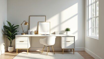 Modern home office desk with golden lamp and plants. White chair sits near window with sunbeams. Empty frames on wall for art or photos. Minimalist workspace.