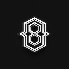 An intricate design composed of layered geometric shapes in black and white is featured against a dark backdrop