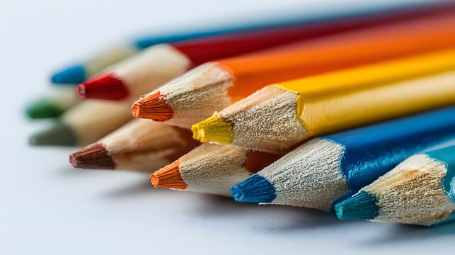 Focus on the tips of various colored pencils arranged in a semi-circular diagonal line, showcasing diverse hues and textures against a clean white background, providing a vibrant artistic...