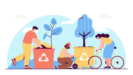 People planting trees in recycling bins and riding bikes for a sustainable environment concept image on transparent background silhouette