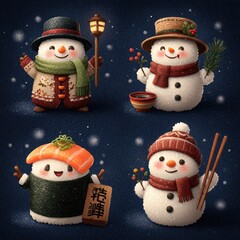 Snowmen dressed in festive outfits celebrate winter at a joyful gathering during a snowy evening