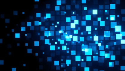 Futuristic digital background with glowing blue squares and particles floating in dark space.