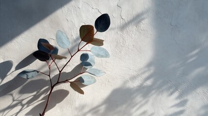 Eucalyptus branch casting shadow on white textured wall in sunlight