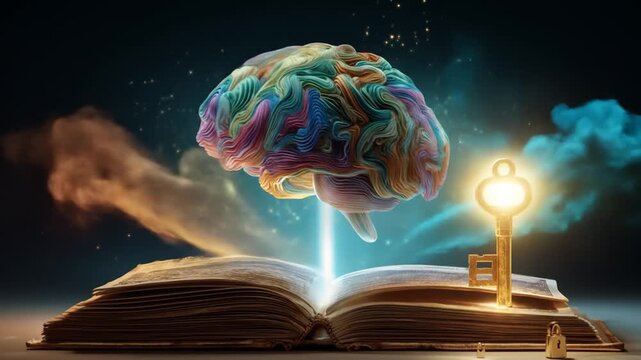 Artistic depiction of a brain above an open book with a glowing key