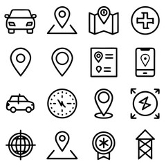 A collection of sixteen different outlined icons related to travel location and time management themes on transparent background silhouette © sajida